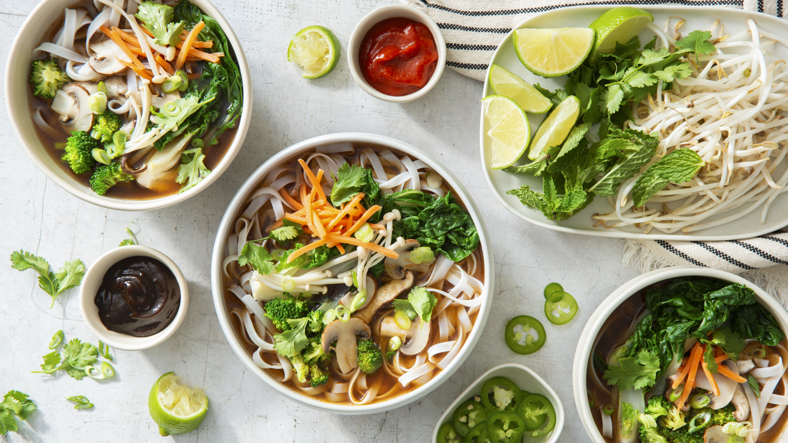 Vegan Pho Served with cilantro and lime.